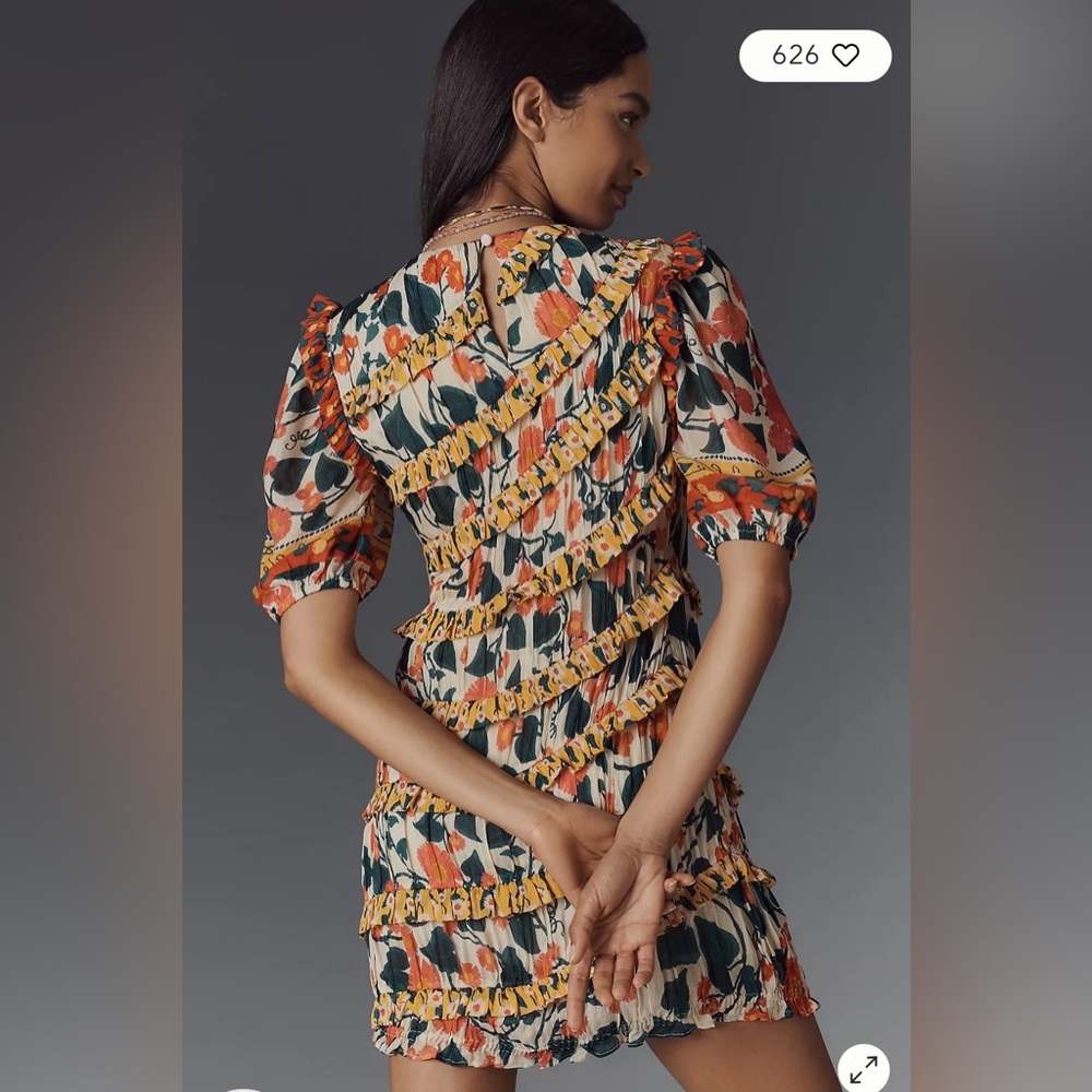 NWT $258 Farm Rio x Anthropologie Puff-Sleeve Fitted Mini Dress M - Picture 2 of 13